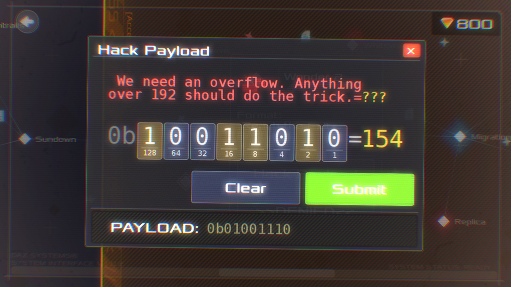DATA WING - A neon styled binary puzzle screen in the DATA WING mobile game where the player must hack a payload.