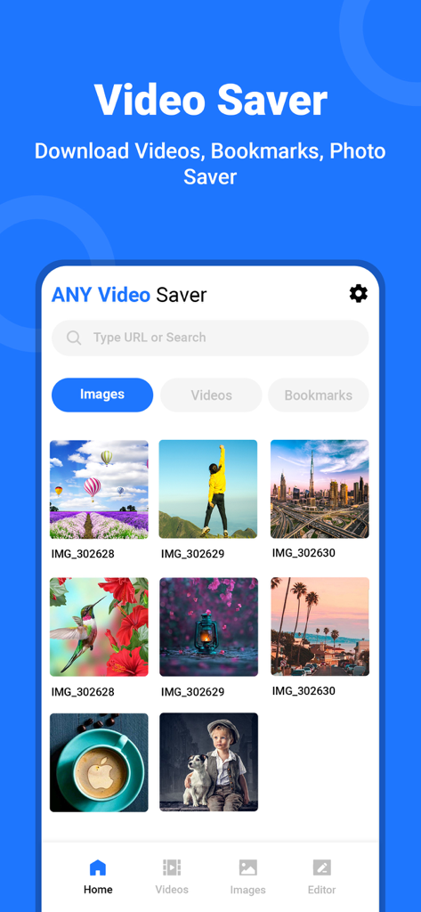 Interface of the All Video Saver app showing a gallery of downloaded images with search and navigation options