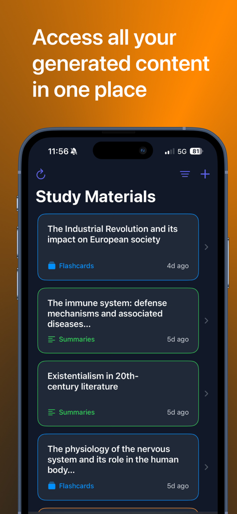 Dashboard di StudyOS che mostra un elenco di flashcard e riassunti generati dall'IA per diverse materie accademiche