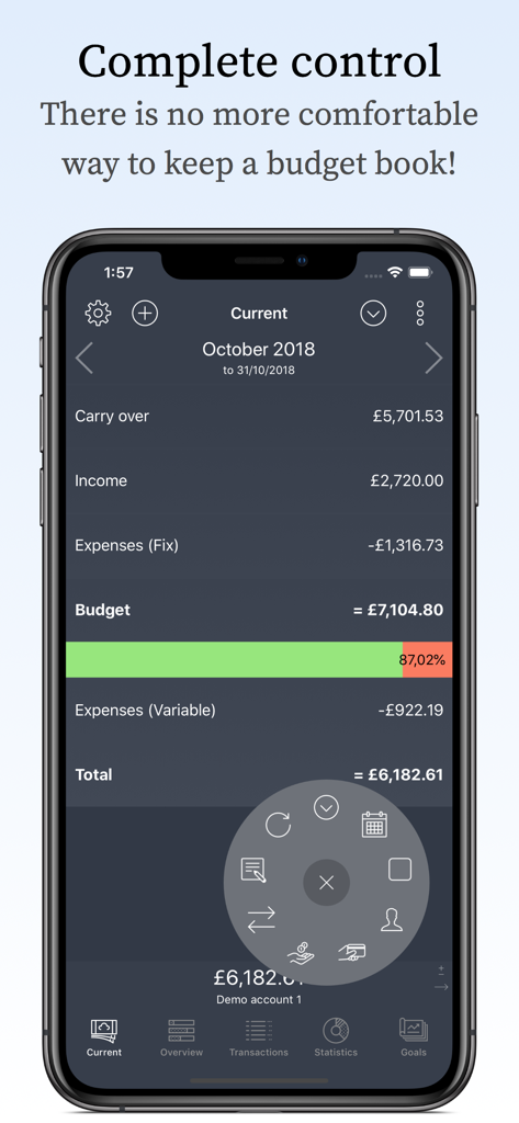My Budget Book Pro Edition - Monthly financial overview screen showing income expenses and budget progress