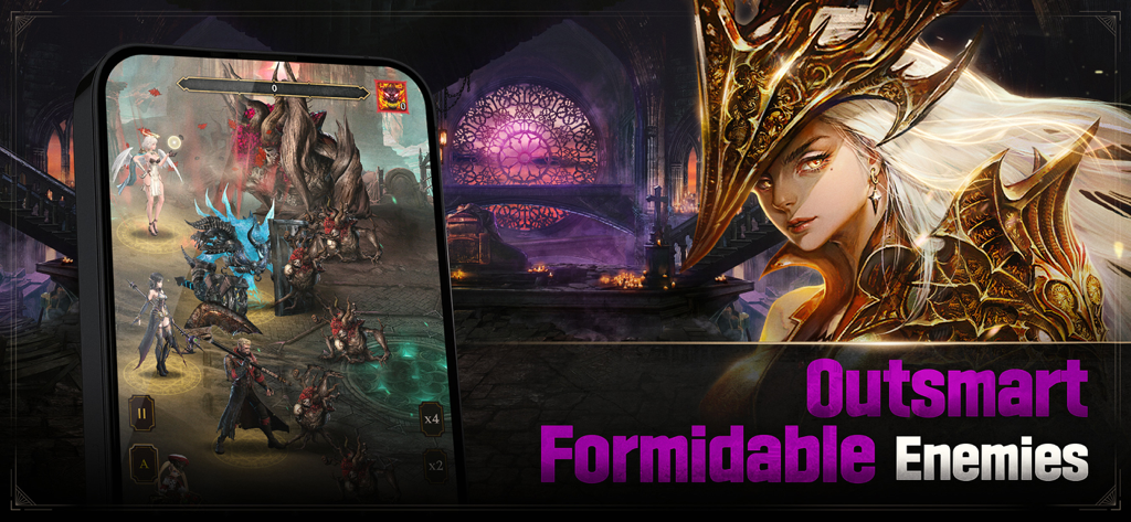 Heir of Light Eclipseのゲームプレイ画面。戦術的な5v5バトルと詳細なダークファンタジーキャラクターイラストを表示。