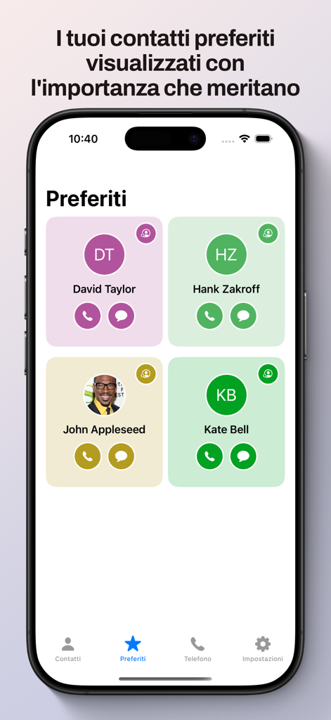 The Favorites screen of the Corporate Call app displaying four contact cards for quick calling and messaging.