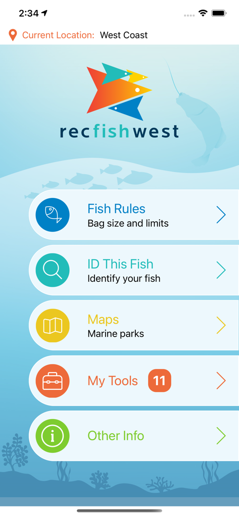 recfishwest - Main menu of the recfishwest fishing app showing options for fish rules, fish identification, and marine park maps.