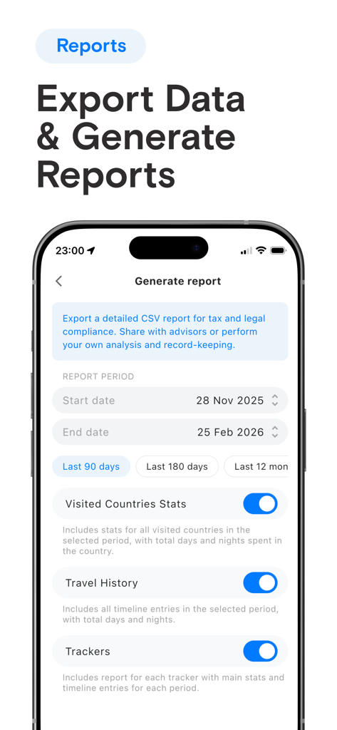 Screenshot of the Immio app interface showing options to export travel history and generate detailed reports for tax and legal compliance.