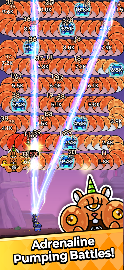 A character shooting lightning beams at waves of orange segmented monsters in a tower defense battle.