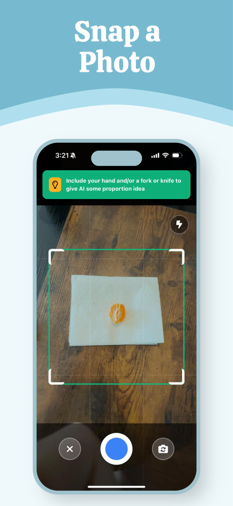 Last Calorie - Tela de smartphone exibindo a interface da câmera do aplicativo Last Calorie para rastreamento de alimentos por IA.