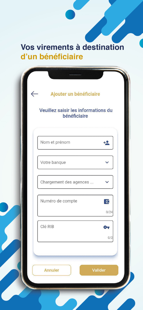 NSIA Banque Direct - Interface of the NSIA Banque Direct mobile app showing the form to add a new beneficiary for money transfers.