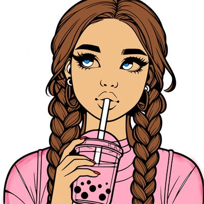 realistic girl with braided hair drinking boba