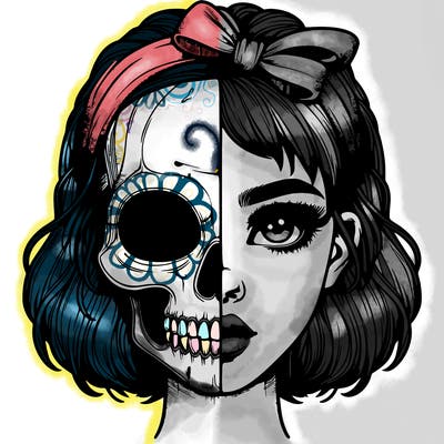 realistic girl with half skull mask