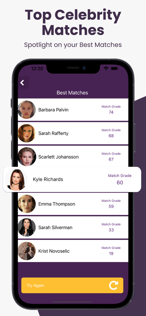 Eine Liste von Celebrity-Übereinstimmungen mit Bewertungsnoten in der Celeb AI App.