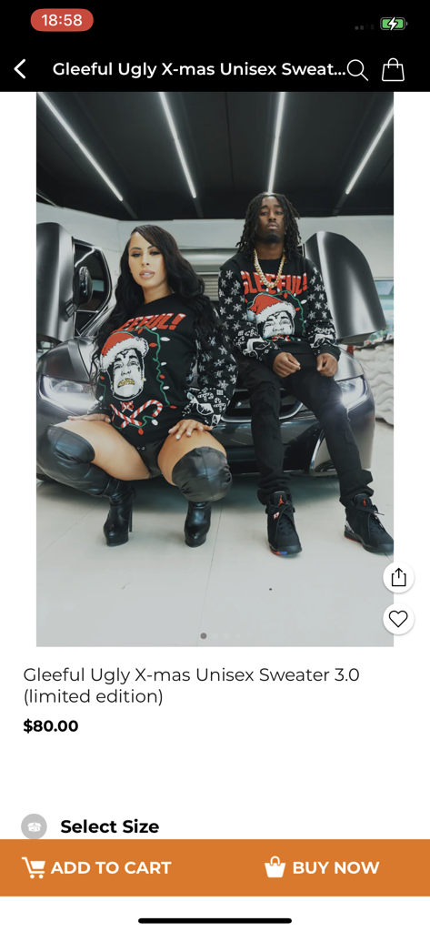 Sniper Gang Apparel App - A product page for the Gleeful Ugly X-mas Unisex Sweater on the Sniper Gang Apparel mobile app.