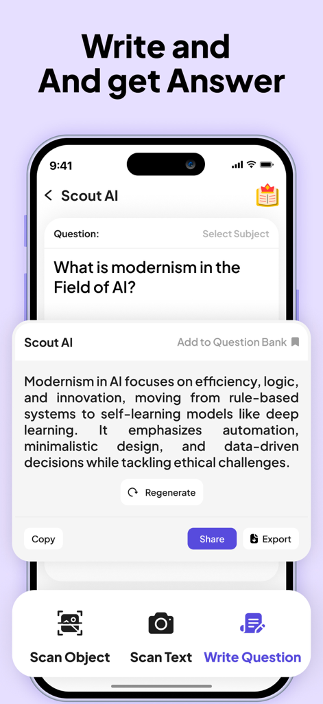 Smartphone screen of the Scout AI app showing a typed question and its detailed AI-generated answer.