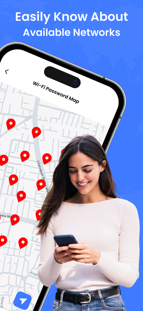 Une femme utilisant l'application Carte des mots de passe Wifi pour trouver des hotspots à proximité sur une interface cartographique