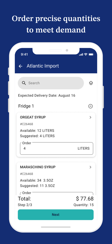 Crunchtime Inventory - Mobile app screen showing inventory ordering for a restaurant with suggested quantities and total cost