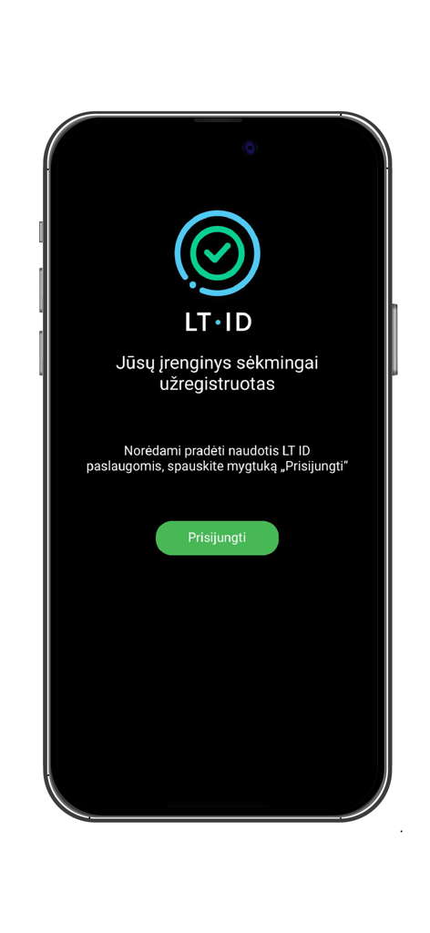 LT ID - Tela do smartphone exibindo o registro bem-sucedido do dispositivo para o aplicativo de identidade digital LT ID com um botão de login