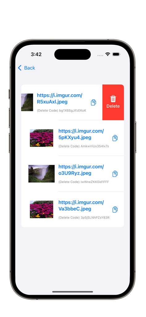Imgur Image Uploader - Interface of the Imgur Image Uploader showing a list of uploaded photos with shareable URLs and a delete option