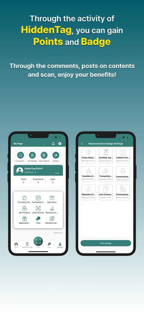 HiddenTag Global - HiddenTag Global 앱의 두 가지 모바일 화면에 사용자 프로필 포인트 및 업적 배지 설정 표시