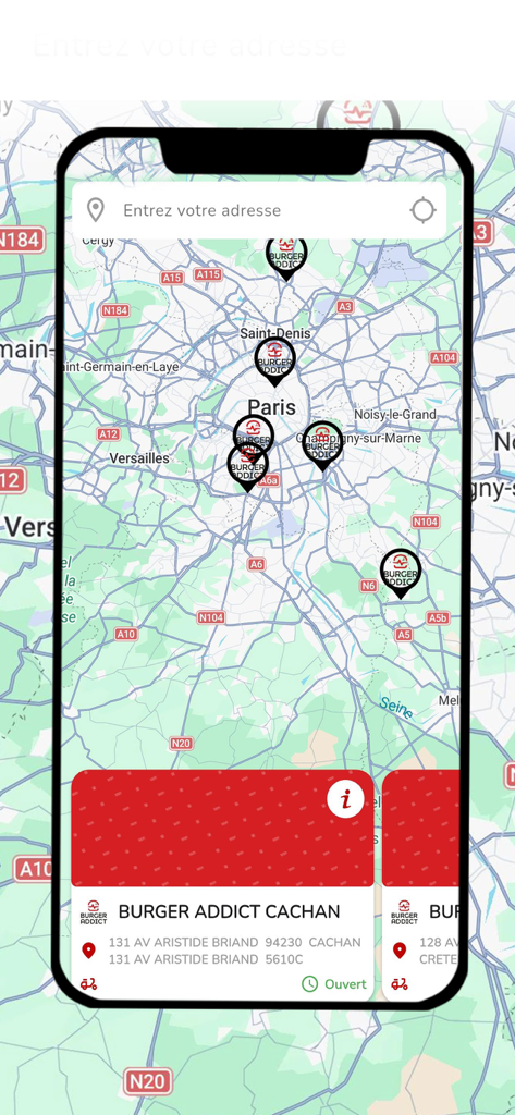 Burger Addict - Burger Addict app screen showing multiple restaurant locations on a map of Paris