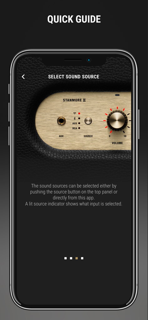 Marshall Voice - Pantalla de la guía de usuario de la aplicación Marshall Voice para seleccionar fuentes de sonido en el altavoz Stanmore II