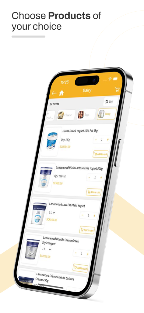 A smartphone displaying the WOW Delivery app product selection screen for dairy items including various yogurts.