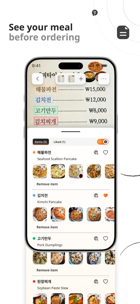 VisMe: Visualize Menu - Smartphone displaying the VisMe app translating a menu and showing visual photos of the food items like pancakes and dumplings.