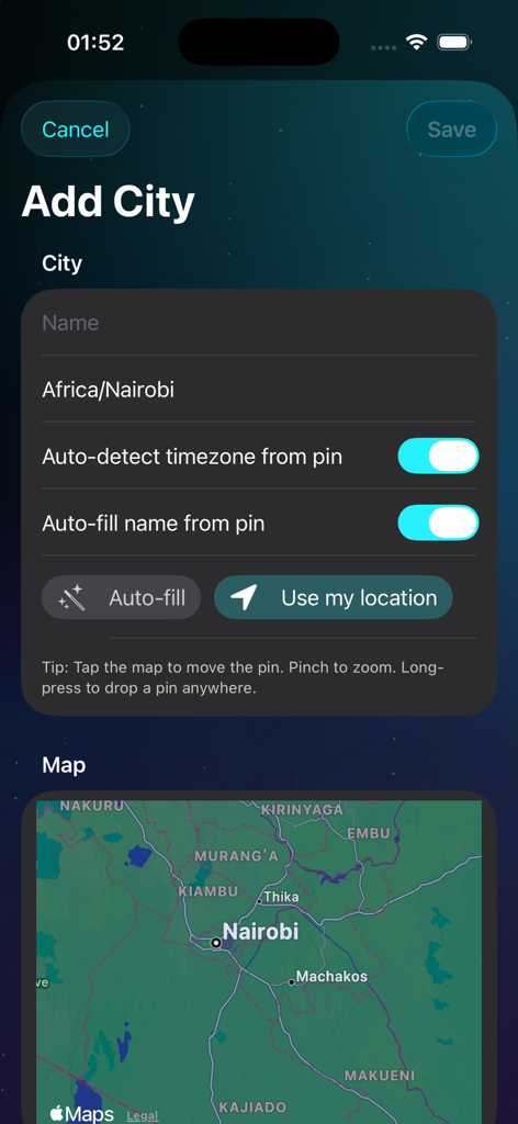Alarm Clock – Loud Wake Up* - User interface for adding a city to the alarm clock app with a map and location settings