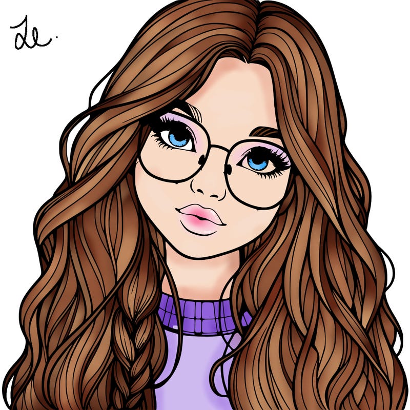 girl with long hair and freckles and glasses realistic