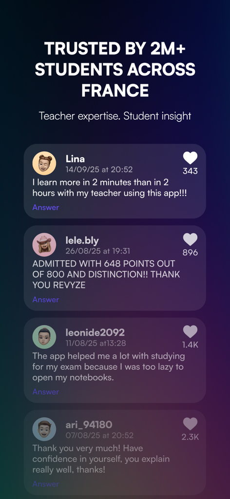 Positive student testimonials and user reviews for the Revyze study app showing academic success.