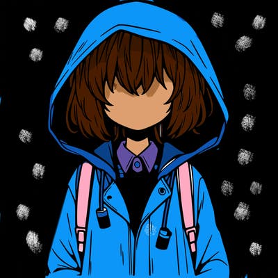 little anime girl in a raincoat her hair is covering her eyes she has a lighter
