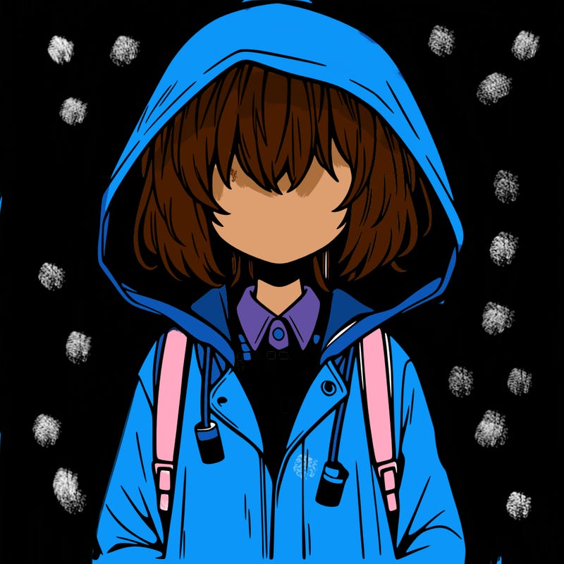 little anime girl in a raincoat her hair is covering her eyes she has a lighter
