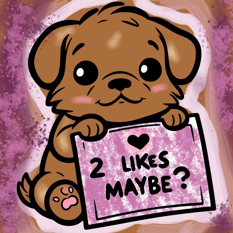 a puppy holding a sign that says 2 likes maybe?