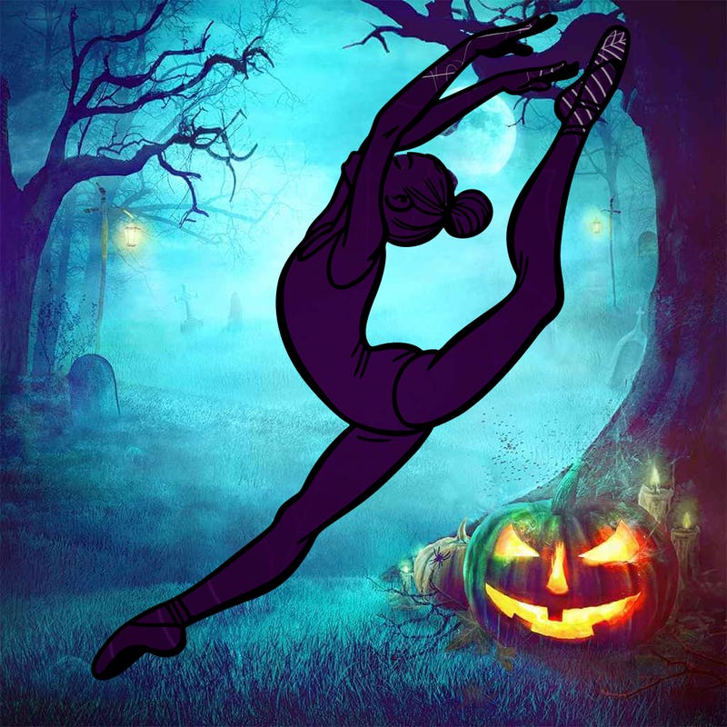 gymnast doing a leap in a leotard with a bent back leg