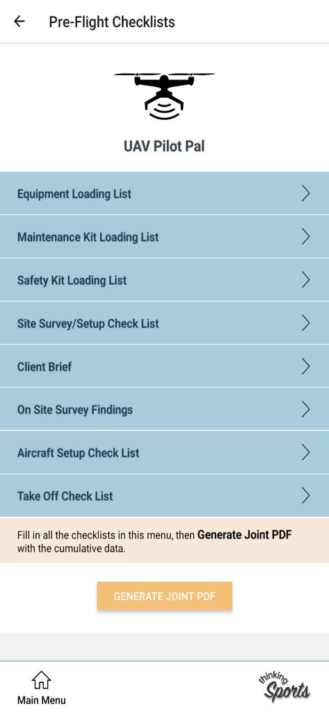 UAV Pilot Pal app screen showing a menu of pre-flight checklists including equipment loading and site survey