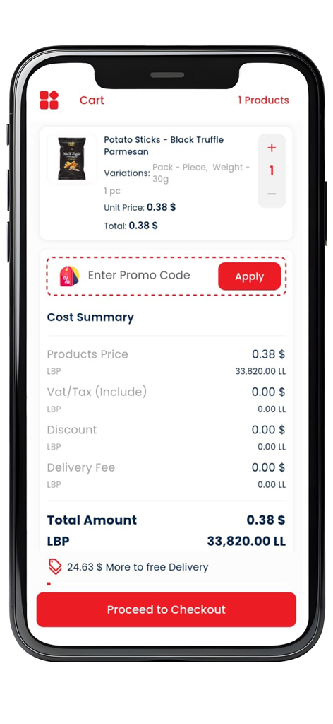 Difco Delivery - Difco Delivery mobile app shopping cart screen showing cost summary and proceed to checkout button