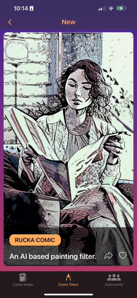 Stylo - AI Comic Artist - A woman reading a book with the Rucka Comic AI filter applied in the Stylo app