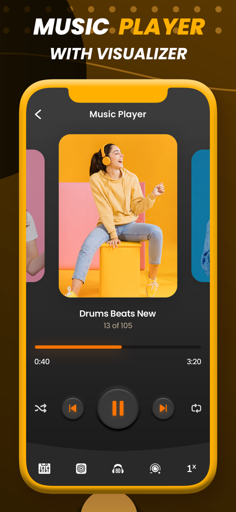 Equalizer Fx : Volume Booster - Music player interface with visualizer and audio controls in the Equalizer Fx app
