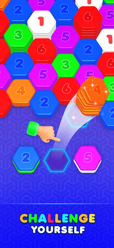 Hexa Sort Merge: Stack Colors - Hexa Sort Merge のゲームプレイ。カラフルな数字入りの六角形タイルのスタックを示しています。