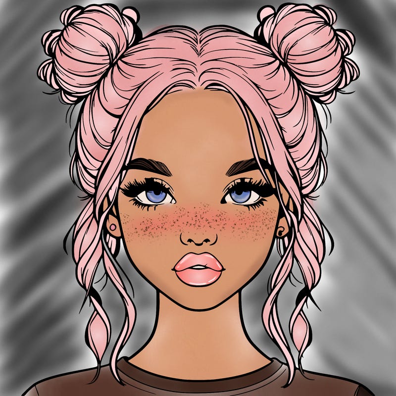realistic girl with two buns in hair and lips