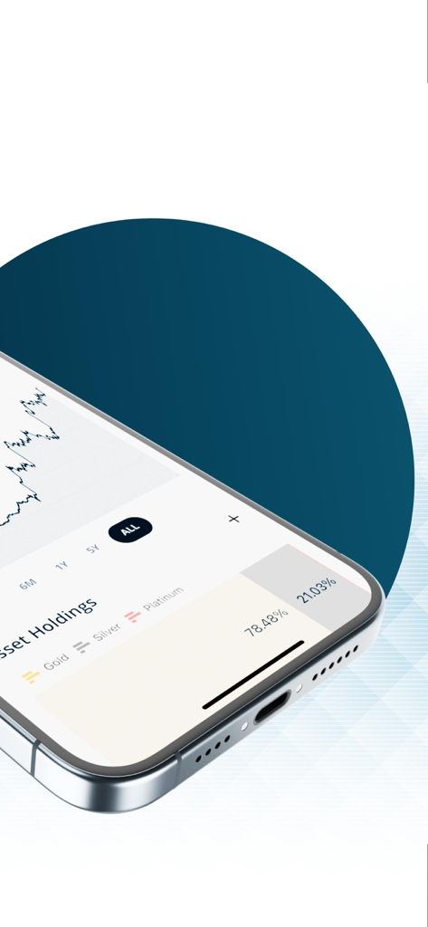 APMEX: Buy Gold & Silver - Pantalla de smartphone que muestra la cartera de la aplicación APMEX con tenencias de oro y plata y un gráfico de precios