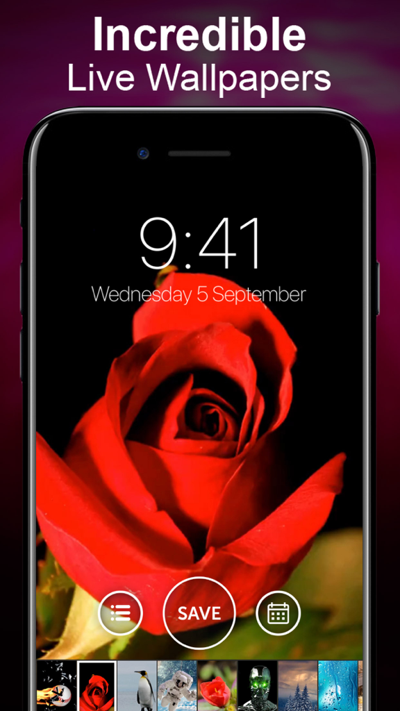 Live Wallpapers Unlimited - A red rose live wallpaper displayed on an iPhone screen with a save button