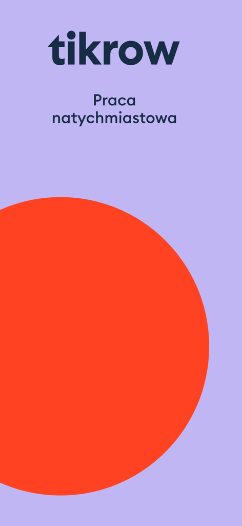 Tikrow app splash screen displaying the brand name and the phrase Praca natychmiastowa meaning immediate work