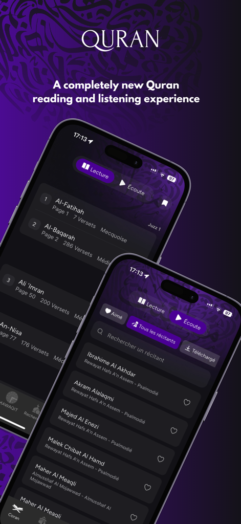 MAWAQIT app screens showing Quran reading and listening features on a mobile device