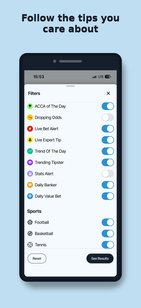 ProTipster: Betting Tips Feed - ProTipster app screen showing customizable filter settings for betting tips and sports categories