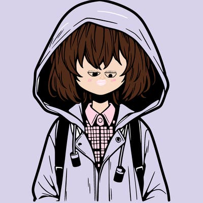 little anime girl in a raincoat her hair is covering her eyes she has a lighter