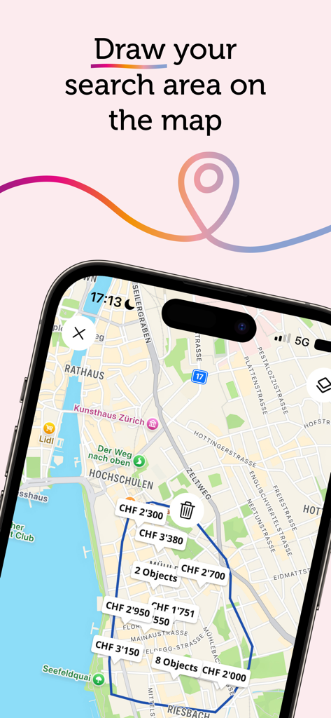 Mobile app interface showing a hand-drawn search area on a map of Zurich with property prices