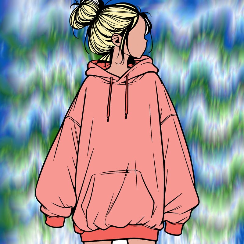 realistic girl with a oversized sweatshirt on and a bun