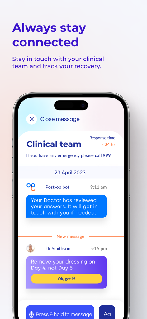 Interface of the Post Op app for direct messaging between patients and their clinical recovery team.
