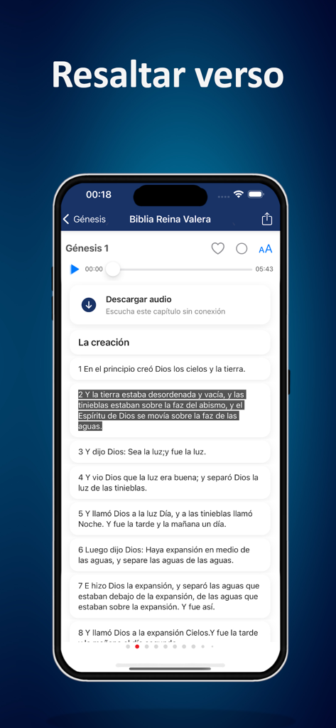 Interfaz de la aplicación Biblia Reina Valera que muestra un versículo resaltado y la función de descarga de audio.