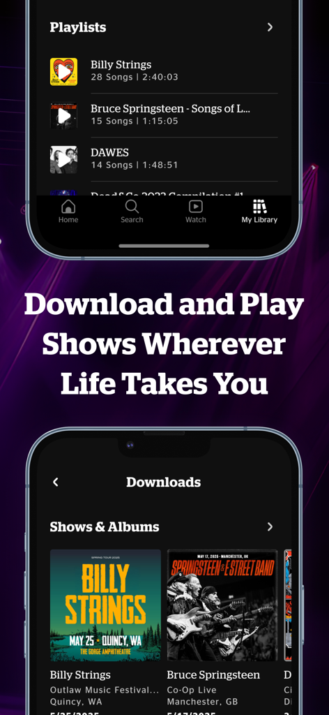 nugs: Live Music Lives Here - Mobile app screens showing the nugs interface for downloading live concert shows and playlists for offline listening