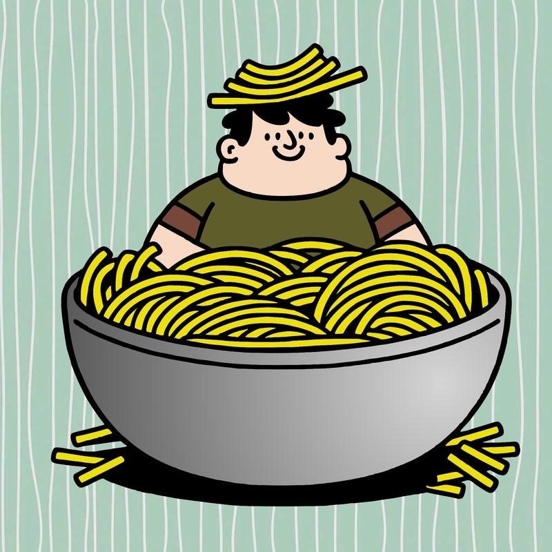 a fat guy sitting in a giant bowl of pasta with noodles on his head